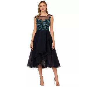 Adrianna Papell navy embroidered mesh midi high low dress size 16 beaded